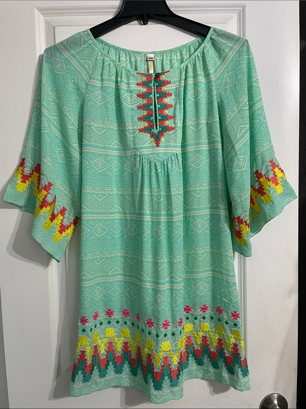 Uncle Frank Turquoise Geometric Embroidered Bell Sleeve Dress Tunic Flowy Sz XS